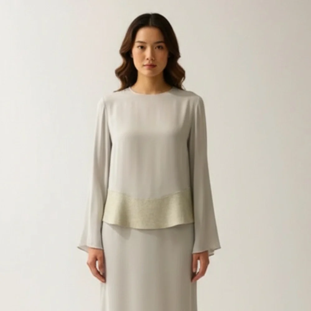 Stunning 100% Silk Light Grey JOSEPH Blouse w/ Wool Felt Detailing‎